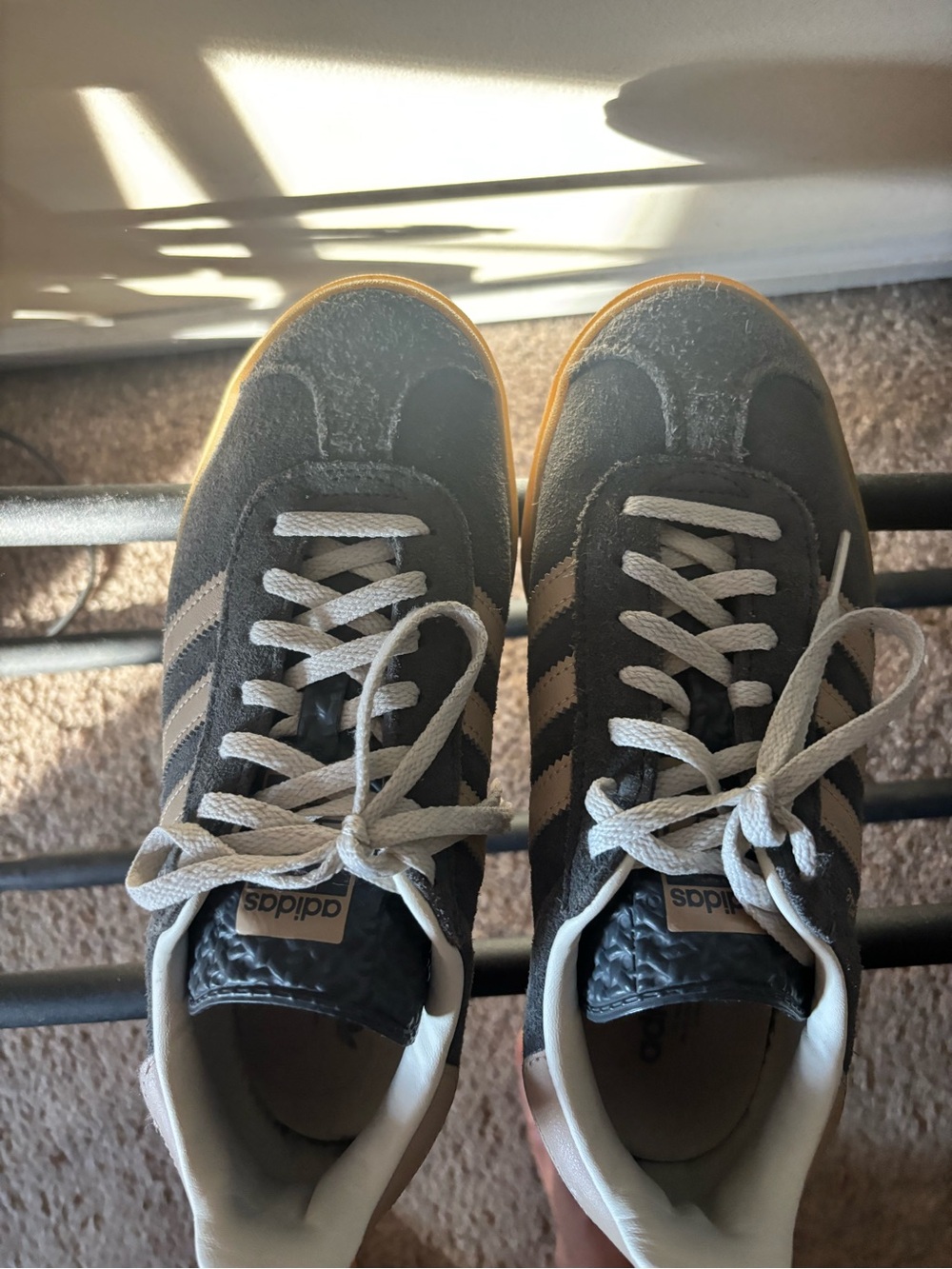 Adidas women’s Gray Suede Sneakers with Cream Stripes